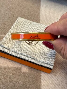 Hermes Orange Enameled Bangle with Gold Trim and Carriage Motif RARE